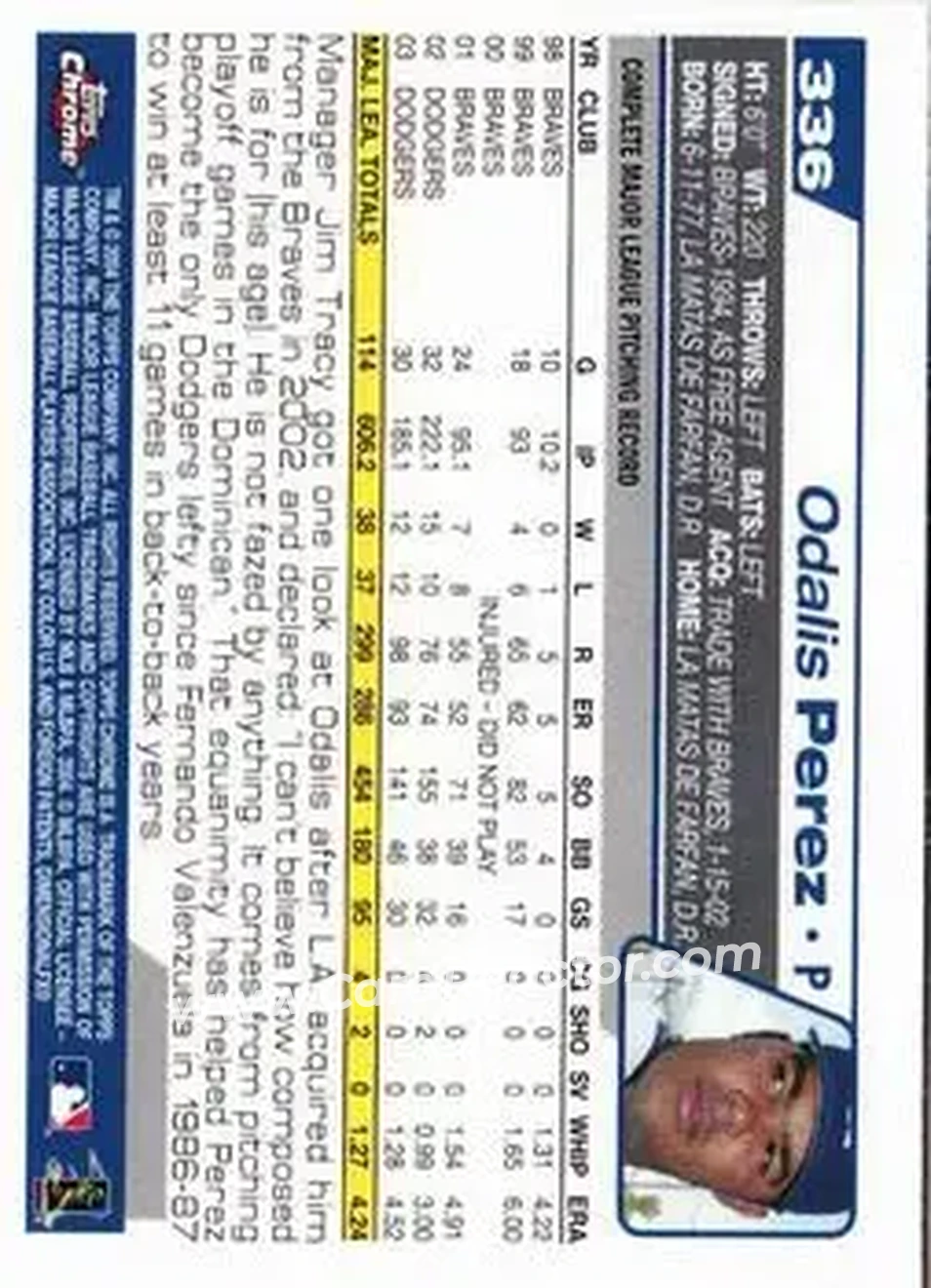 2004 Topps Chrome #336 - Odalis Perez - Los Angeles Dodgers - Back