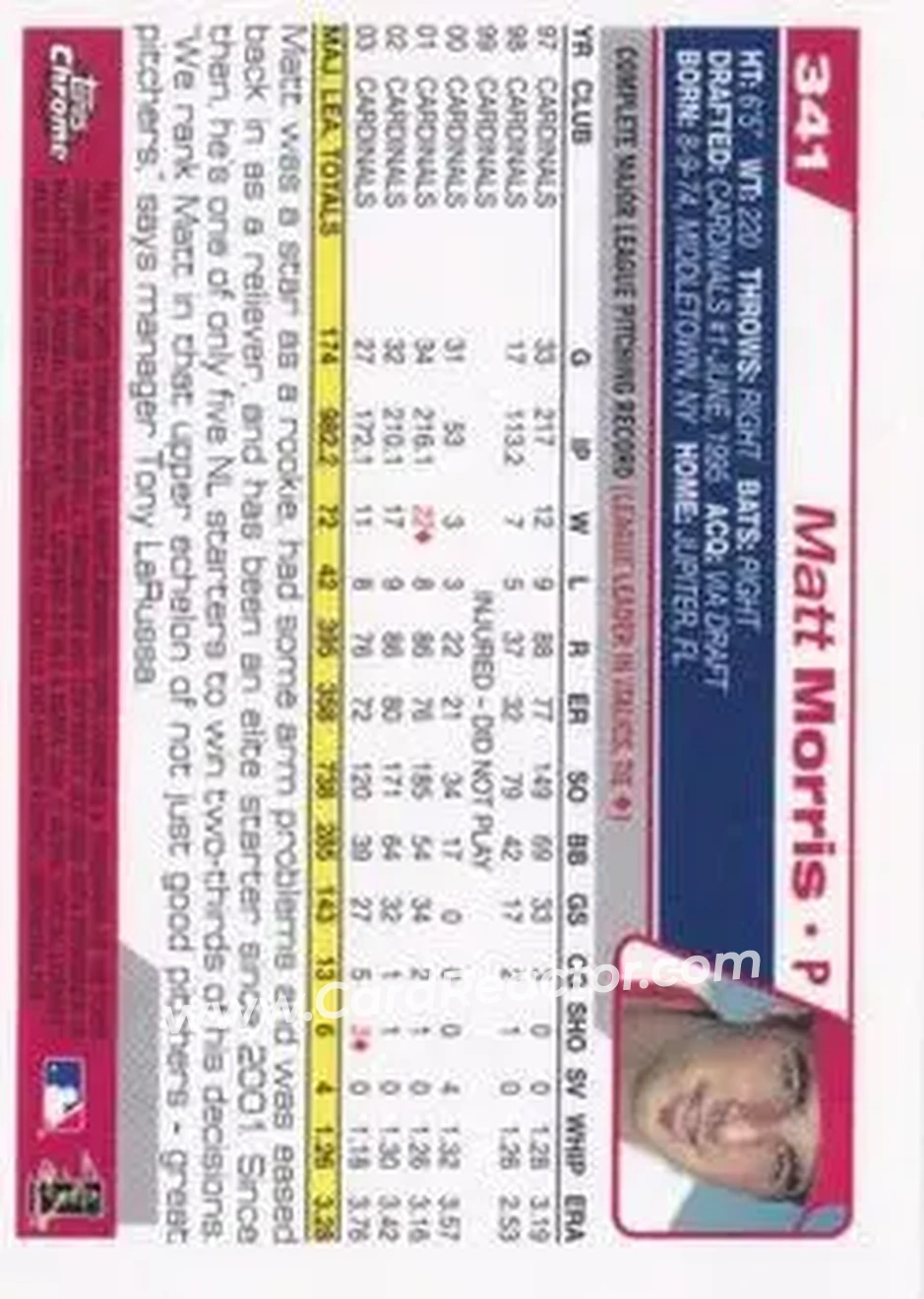 2004 Topps Chrome #341 - Matt Morris - St. Louis Cardinals - Back