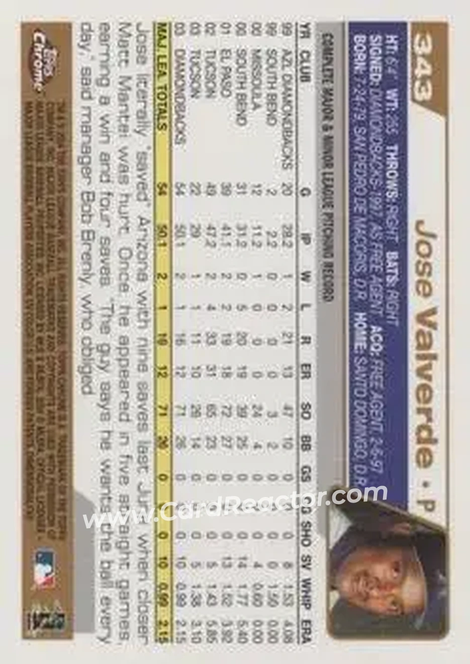 2004 Topps Chrome #343 - Jose Valverde - Arizona Diamondbacks - Back