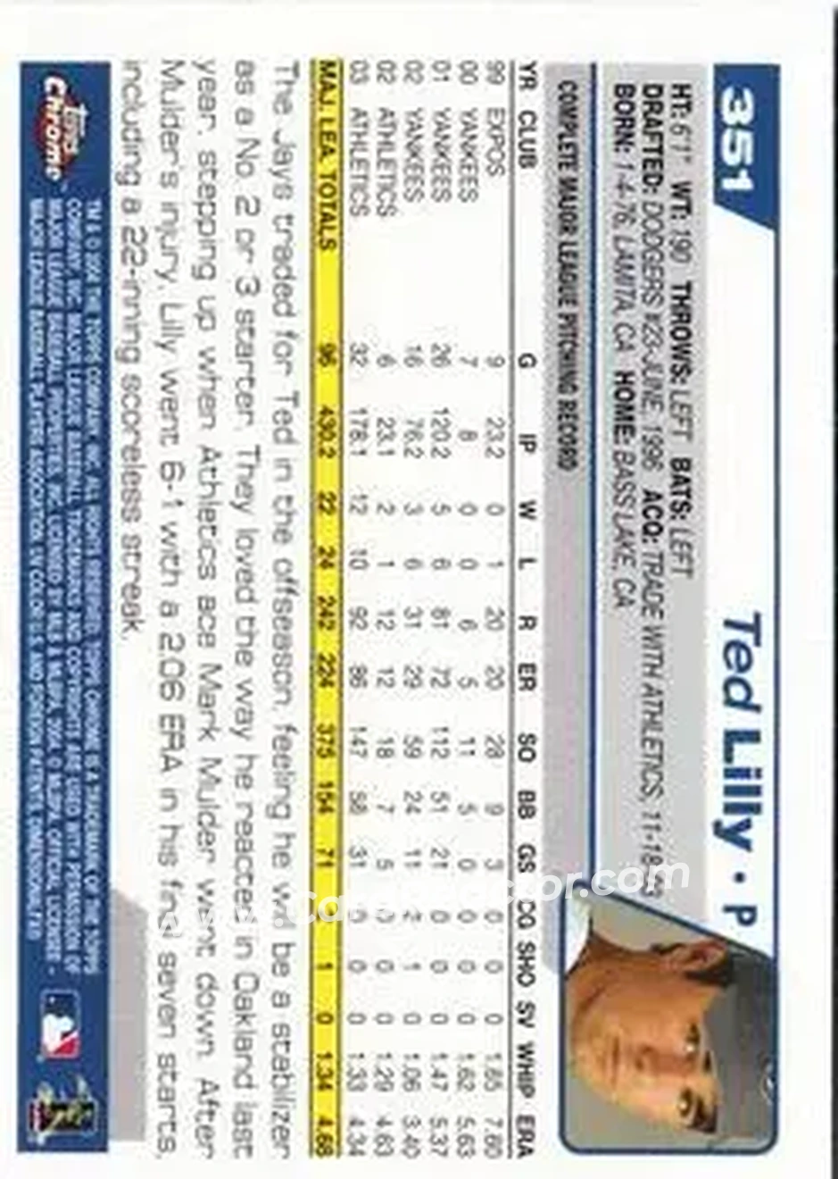 2004 Topps Chrome #351 - Ted Lilly - Toronto Blue Jays - Back