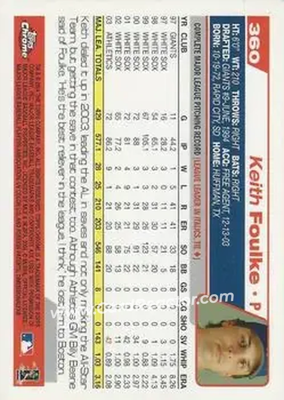 2004 Topps Chrome #360 - Keith Foulke - Boston Red Sox - Back