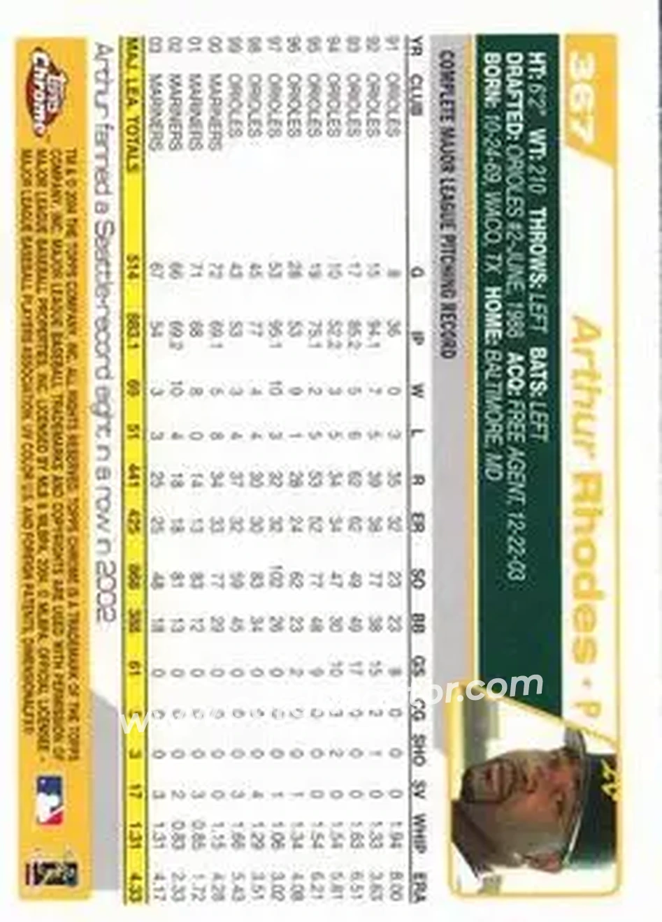 2004 Topps Chrome #367 - Arthur Rhodes - Oakland Athletics - Back
