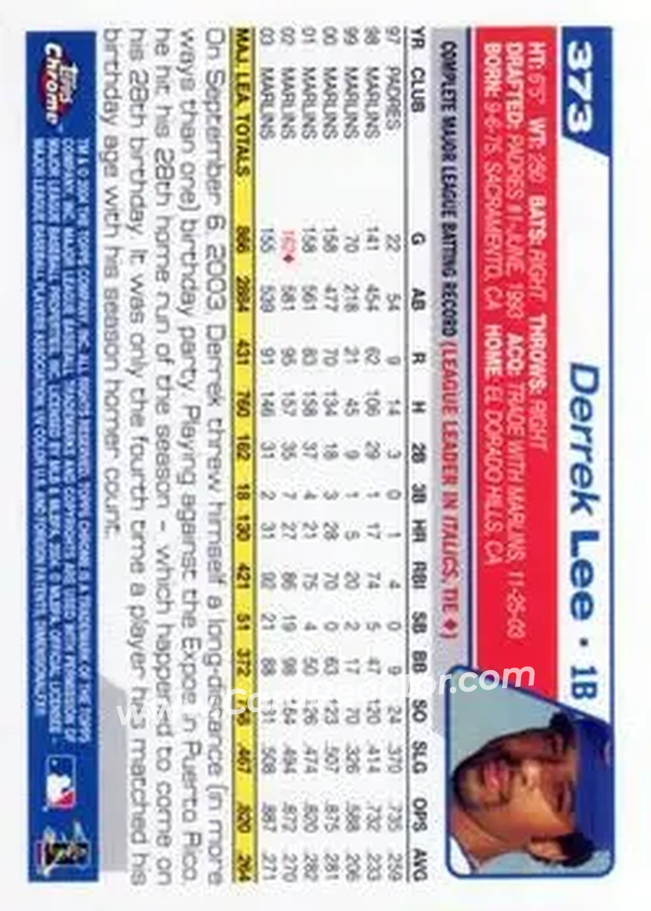 2004 Topps Chrome #373 - Derrek Lee - Chicago Cubs - Back
