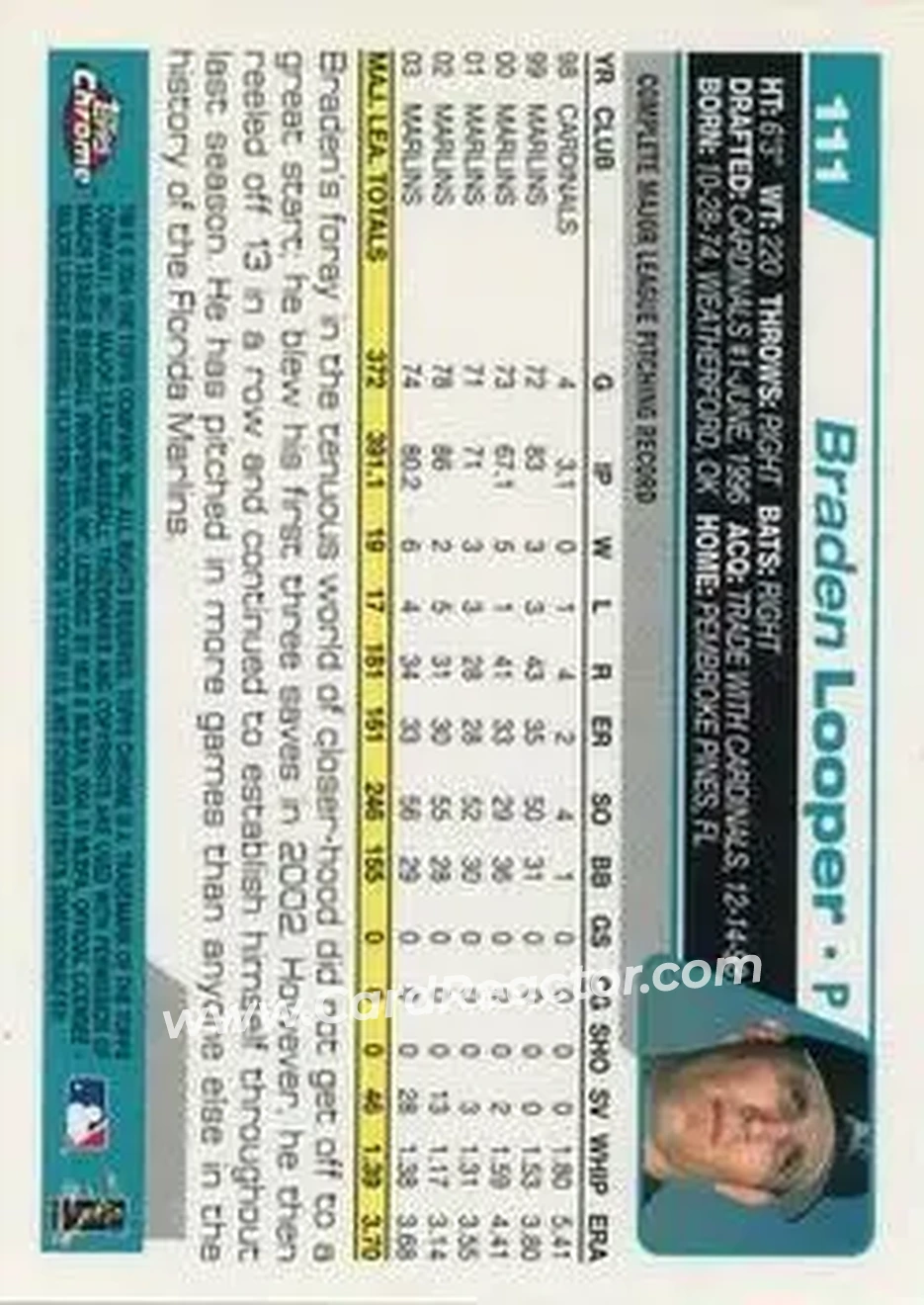 2004 Topps Chrome #111 - Braden Looper - Florida Marlins - Back