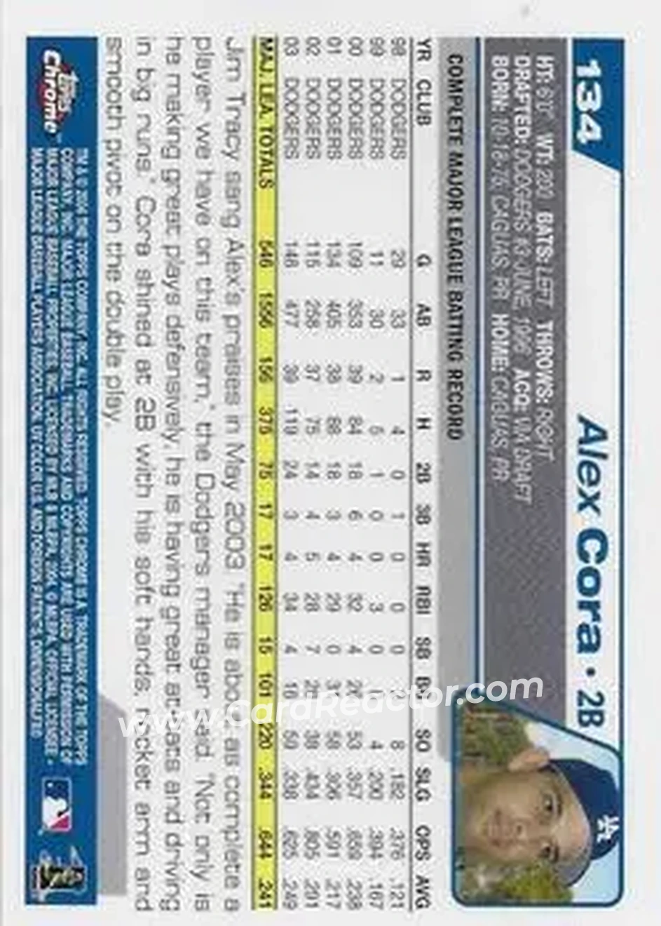2004 Topps Chrome #134 - Alex Cora - Los Angeles Dodgers - Back