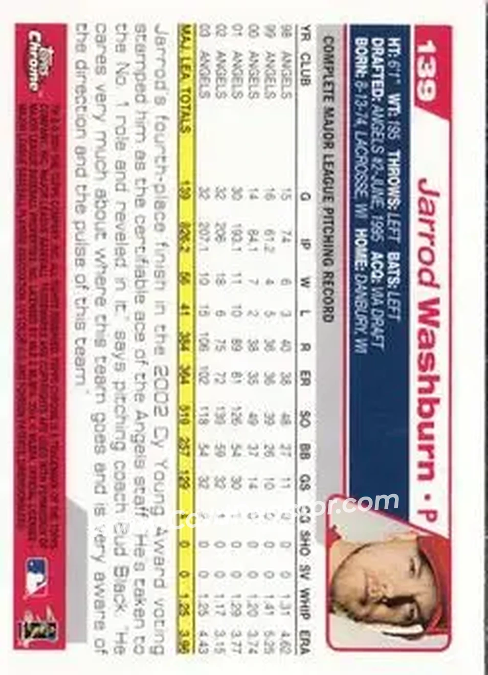 2004 Topps Chrome #139 - Jarrod Washburn - Anaheim Angels - Back