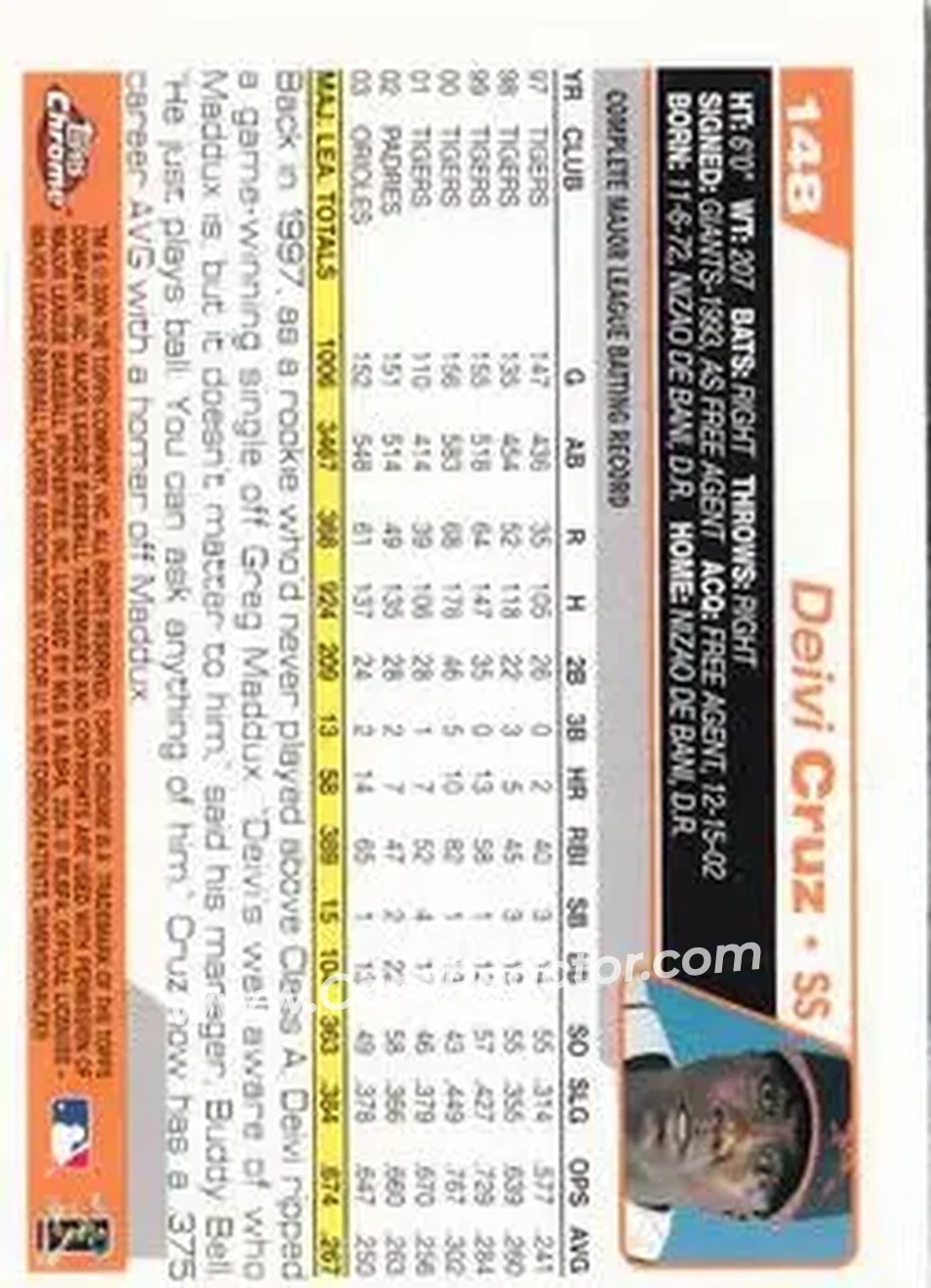 2004 Topps Chrome #148 - Deivi Cruz - Baltimore Orioles - Back
