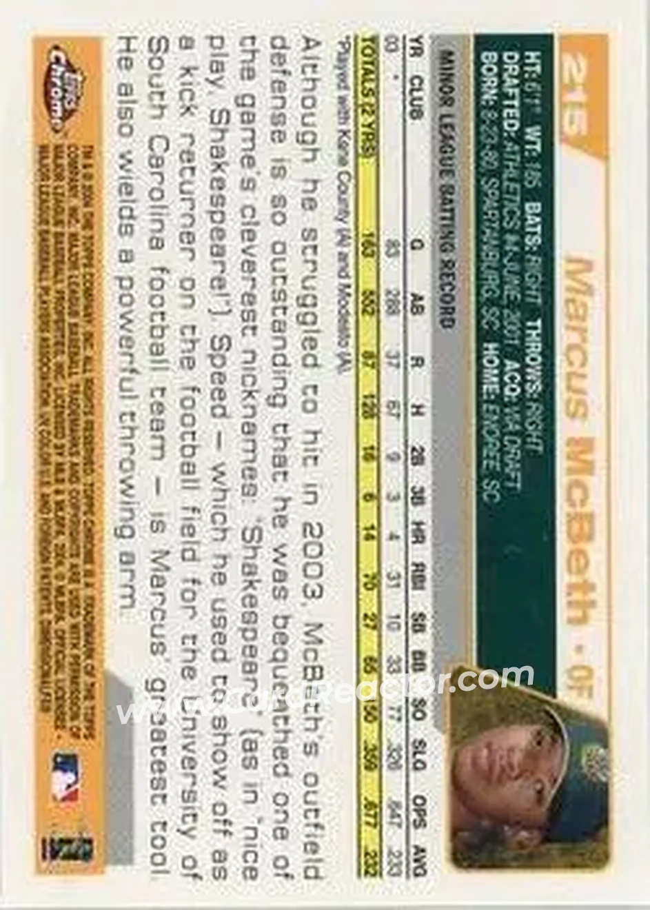 2004 Topps Chrome #215 - Marcus McBeth - Oakland Athletics - Back