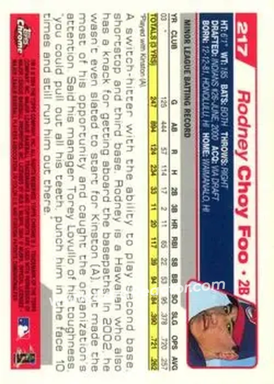 2004 Topps Chrome #217 - Rodney Choy Foo - Cleveland Indians - Back