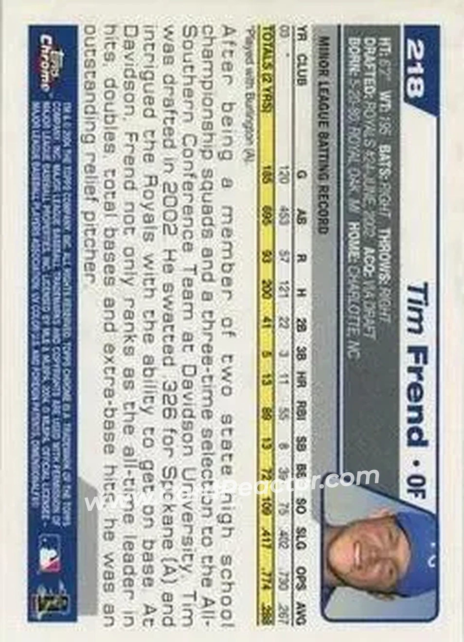 2004 Topps Chrome #218 - Tim Frend - Kansas City Royals - Back