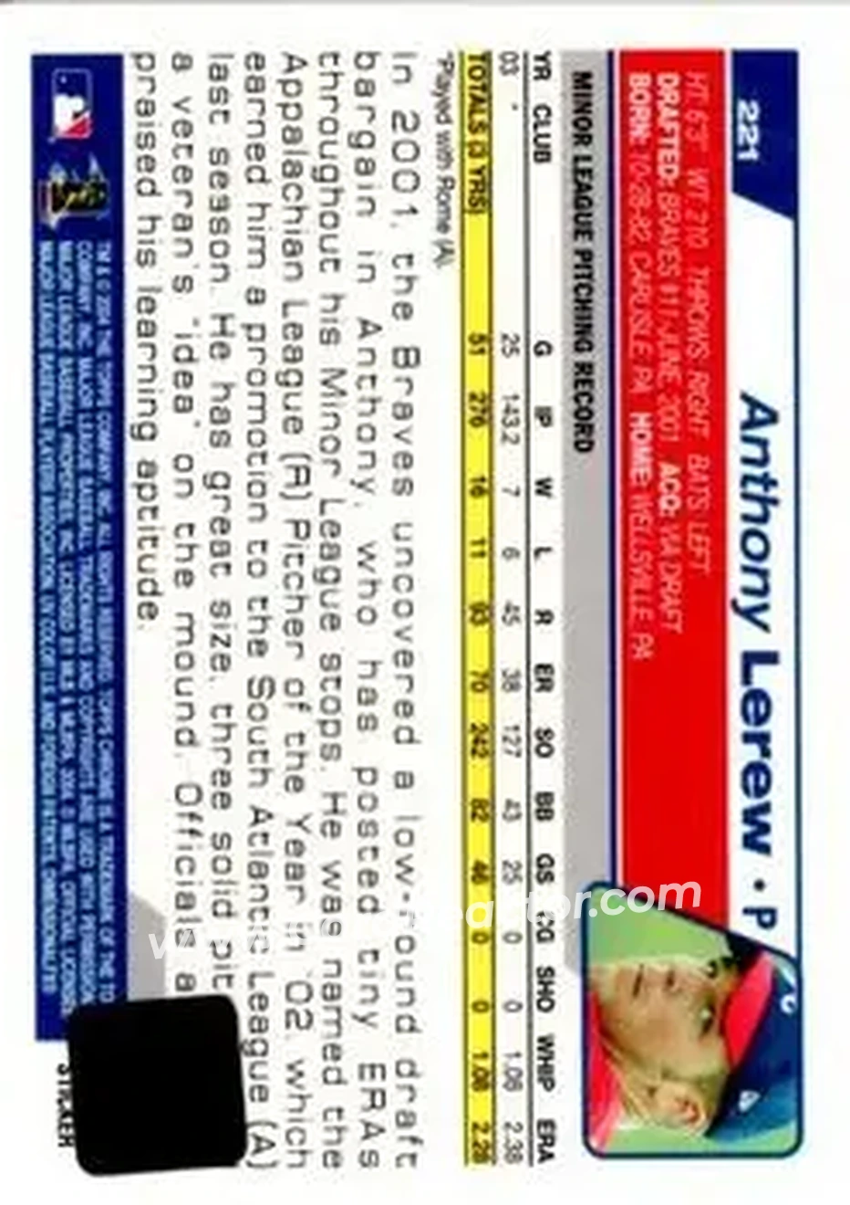 2004 Topps Chrome #221 - Anthony Lerew - Atlanta Braves - Back