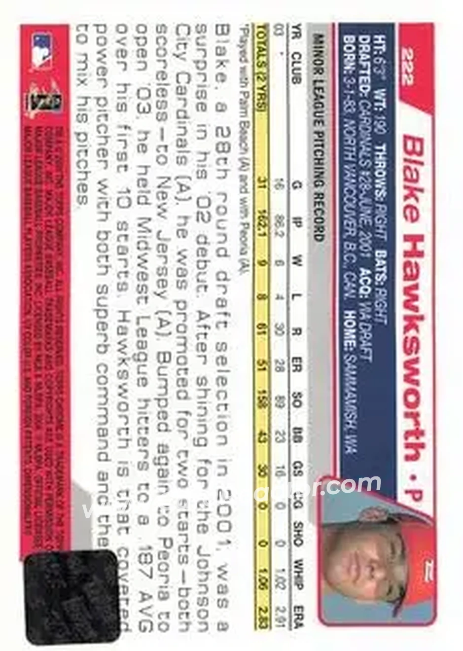2004 Topps Chrome #222 - Blake Hawksworth - St. Louis Cardinals - Back