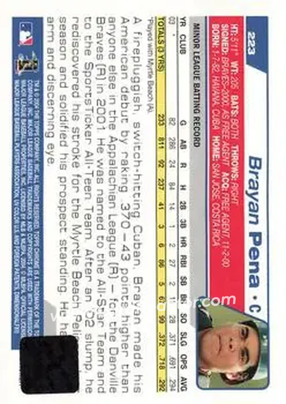 2004 Topps Chrome #223 - Brayan Pena - Atlanta Braves - Back