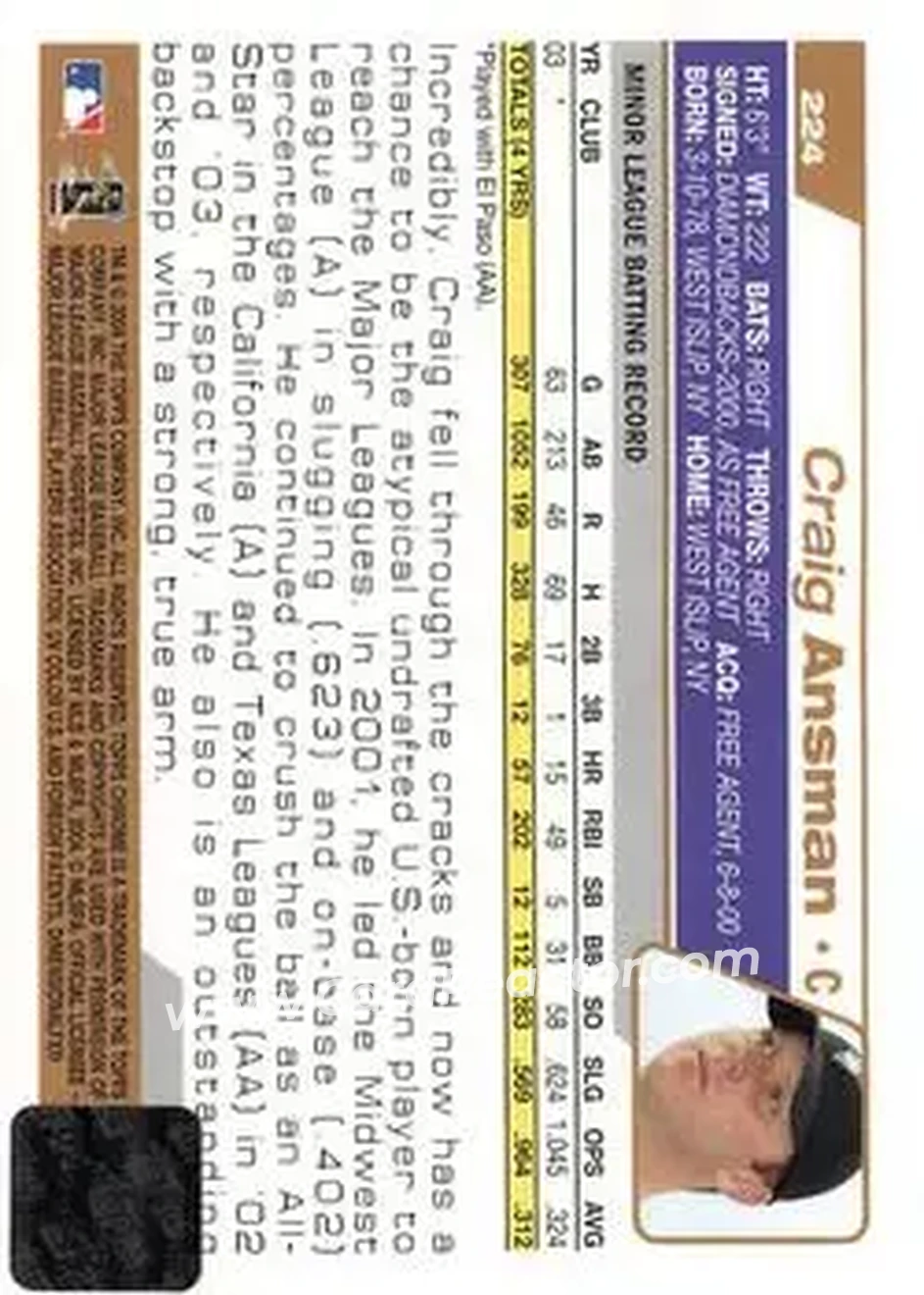 2004 Topps Chrome #224 - Craig Ansman - Arizona Diamondbacks - Back