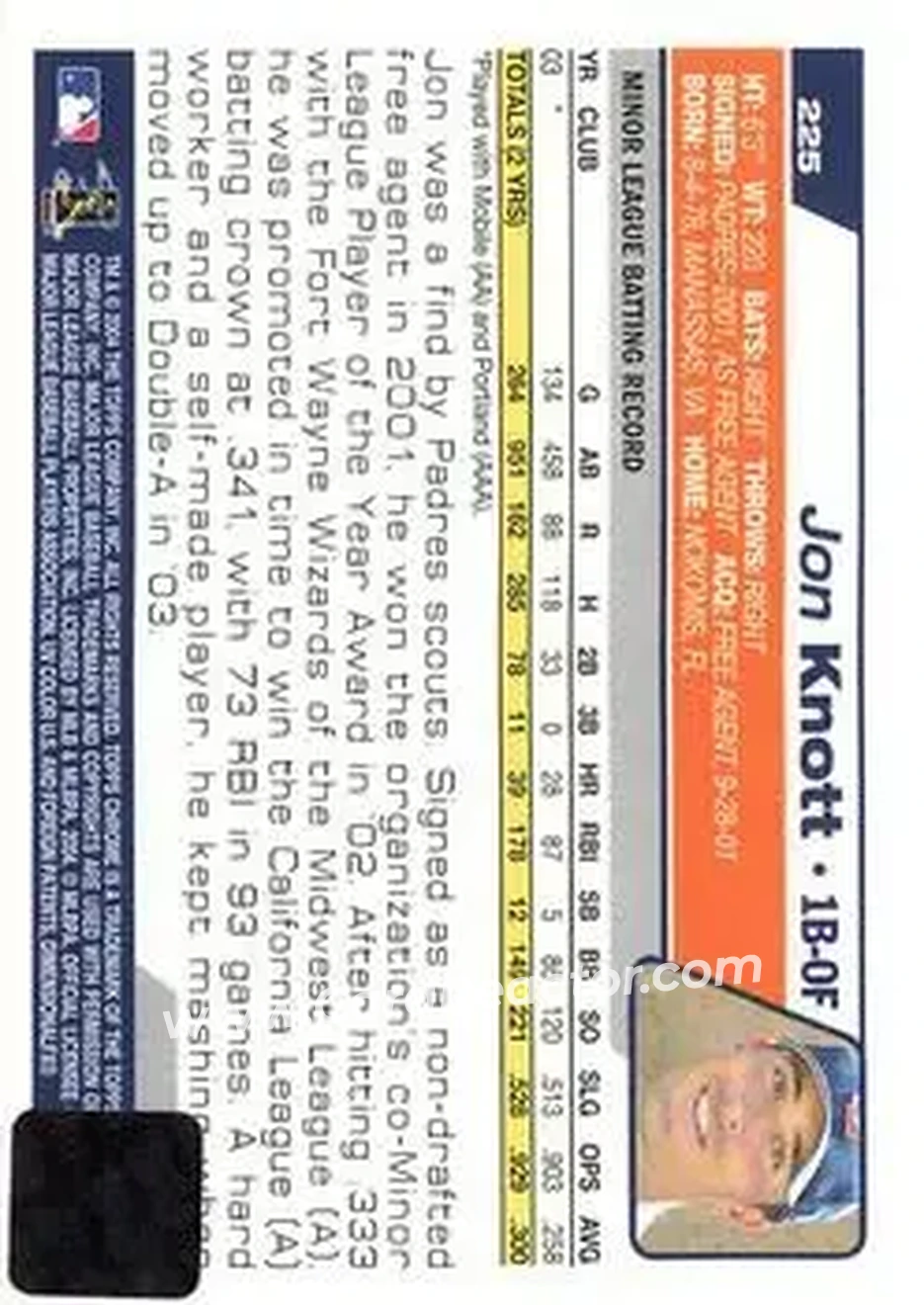 2004 Topps Chrome #225 - Jon Knott - San Diego Padres - Back