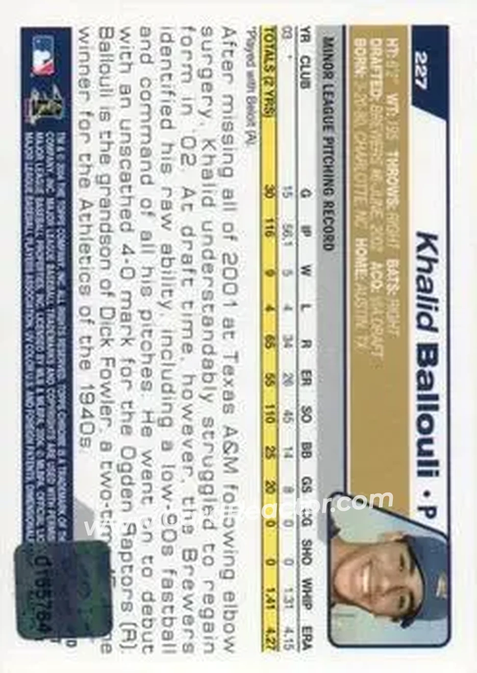 2004 Topps Chrome #227 - Khalid Ballouli - Milwaukee Brewers - Back