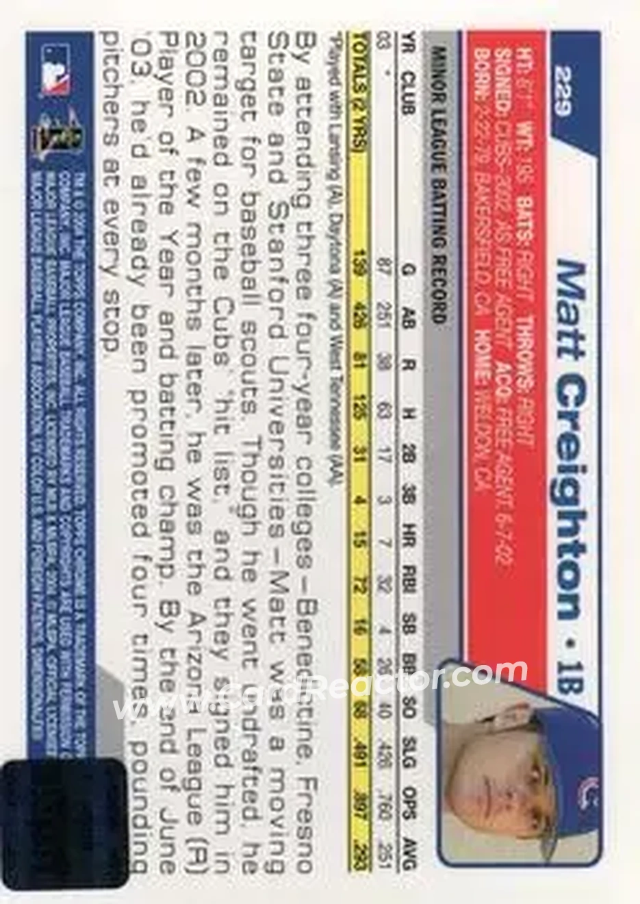 2004 Topps Chrome #229 - Matt Creighton - Chicago Cubs - Back