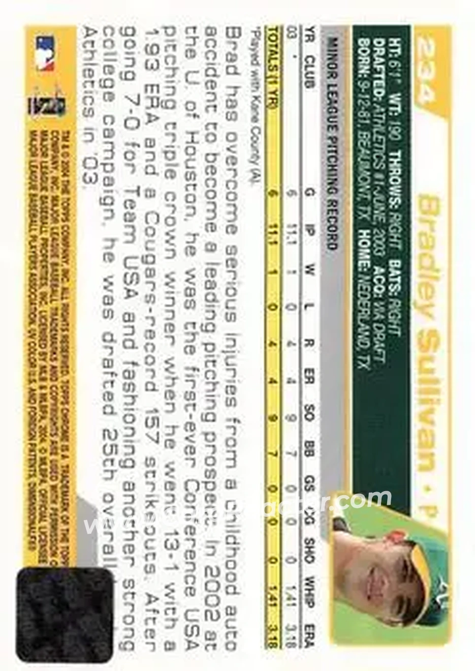 2004 Topps Chrome #234a - Brad Sullivan - Oakland Athletics - Back