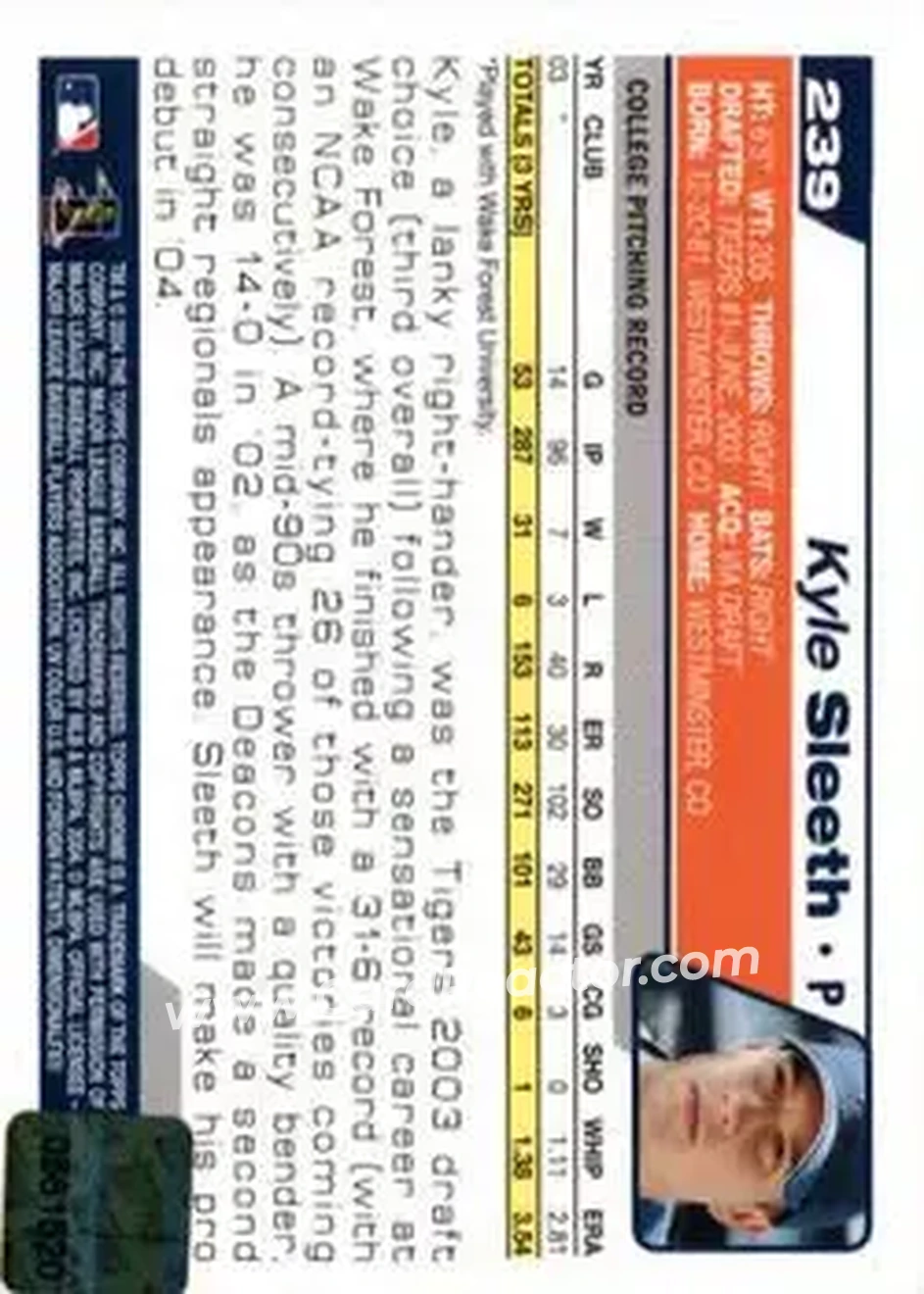 2004 Topps Chrome #239 - Kyle Sleeth - Detroit Tigers - Back