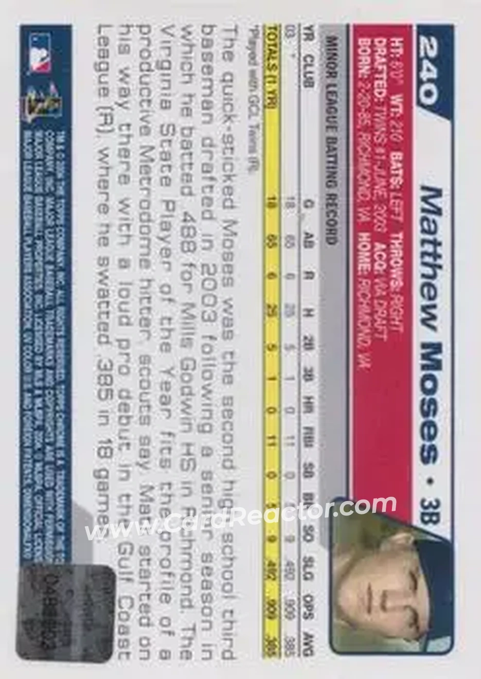 2004 Topps Chrome #240 - Matthew Moses - Minnesota Twins - Back