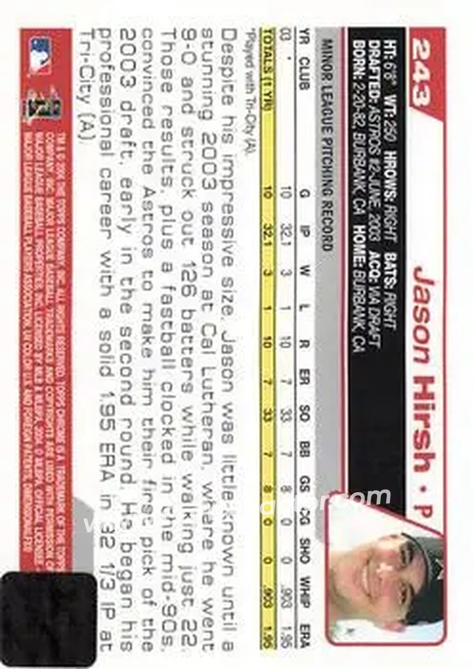 2004 Topps Chrome #243 - Jason Hirsh - Houston Astros - Back
