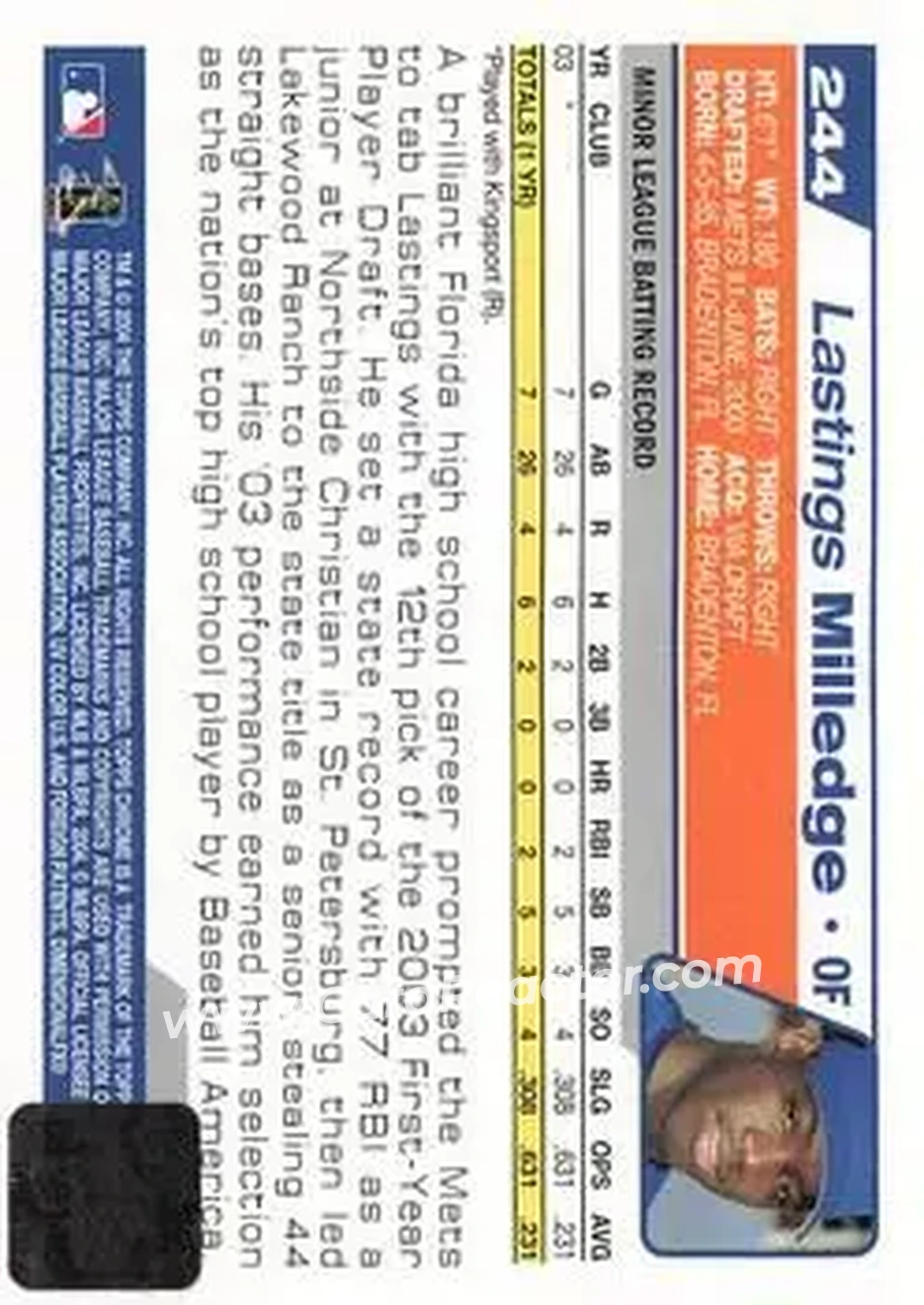 2004 Topps Chrome #244 - Lastings Milledge - New York Mets - Back