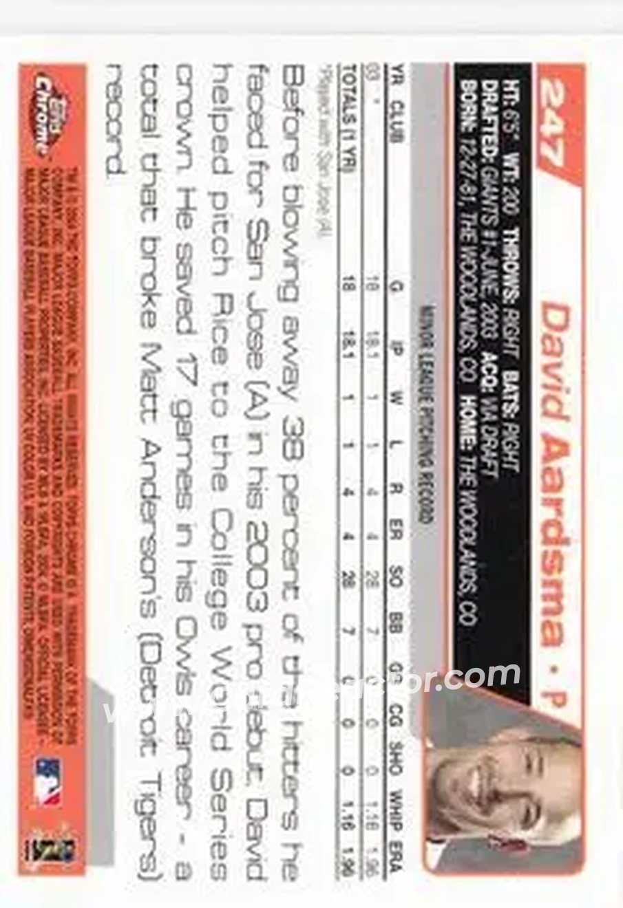 2004 Topps Chrome #247 - David Aardsma - San Francisco Giants - Back