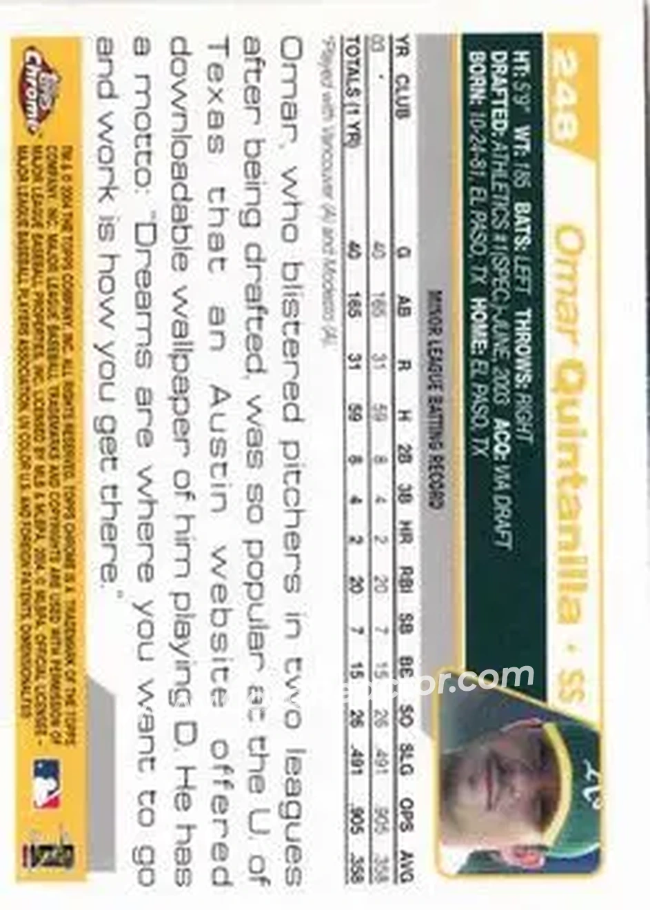 2004 Topps Chrome #248 - Omar Quintanilla - Oakland Athletics - Back