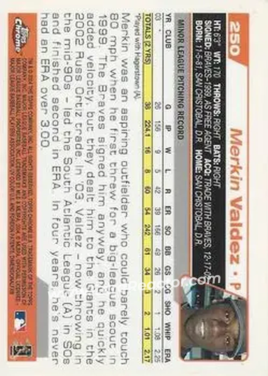 2004 Topps Chrome #250 - Merkin Valdez - San Francisco Giants - Back