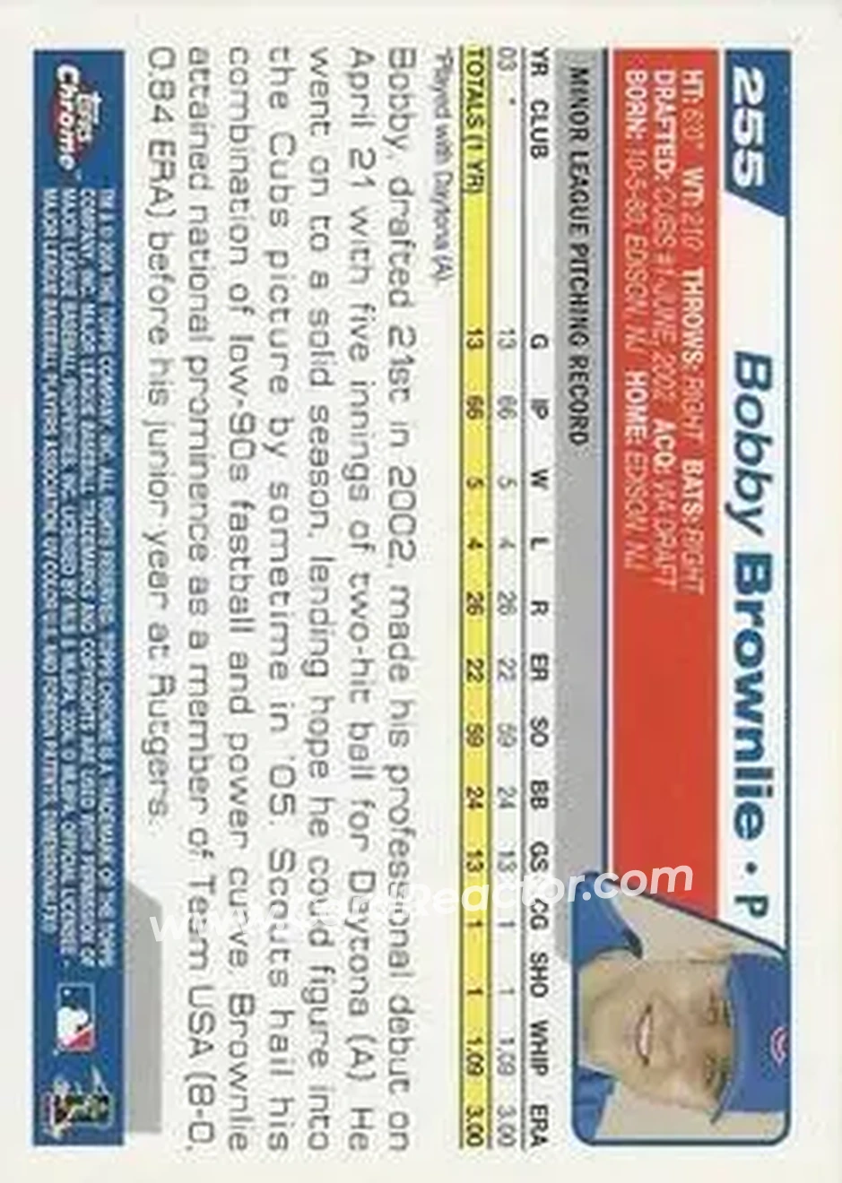 2004 Topps Chrome #255 - Bobby Brownlie - Chicago Cubs - Back