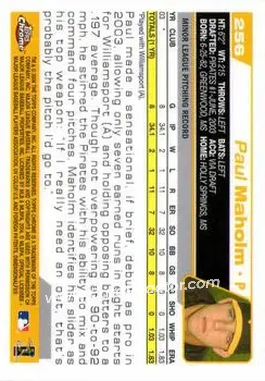 2004 Topps Chrome #256 - Paul Maholm - Pittsburgh Pirates - Back