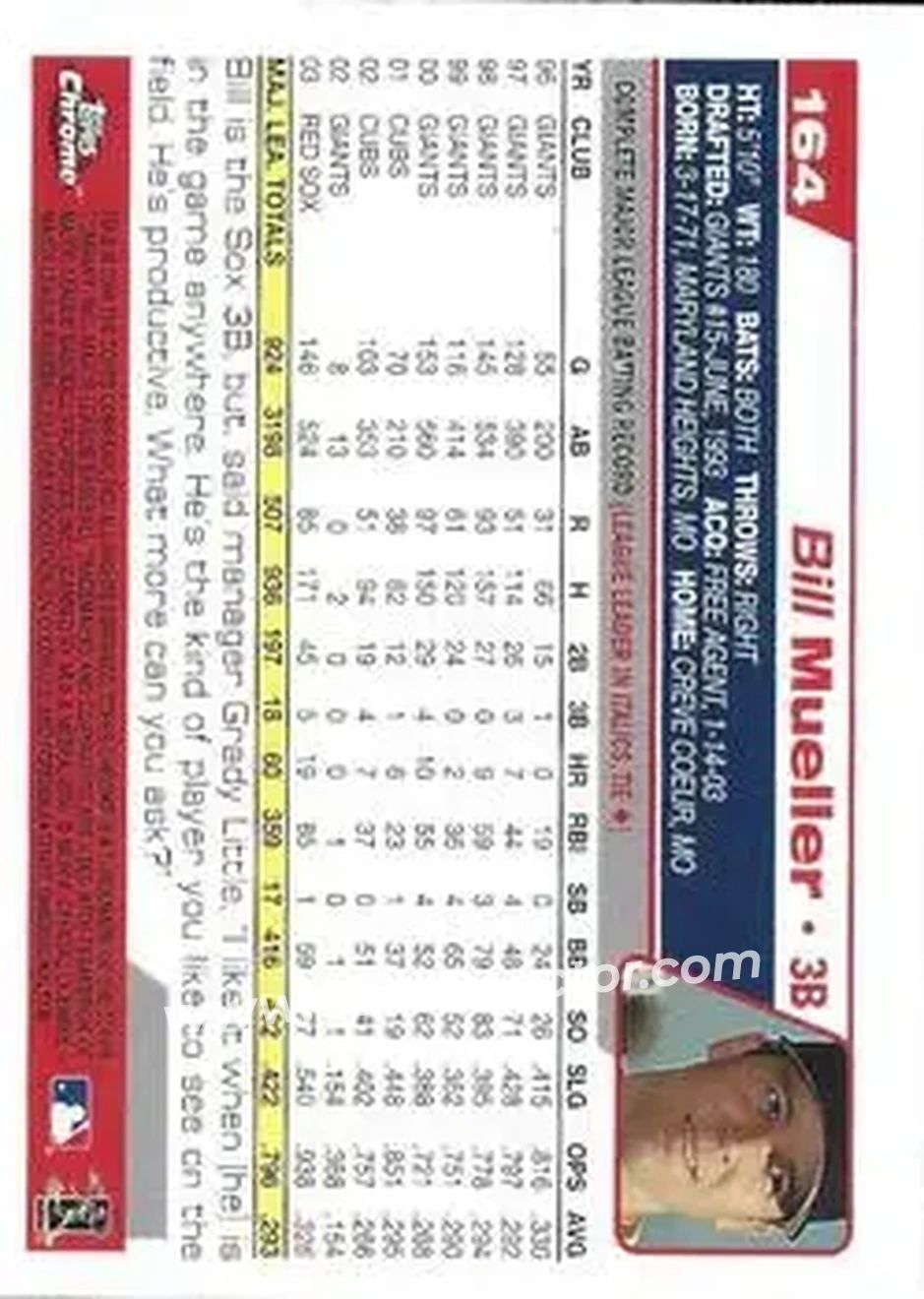 2004 Topps Chrome #164 - Bill Mueller - Boston Red Sox - Back