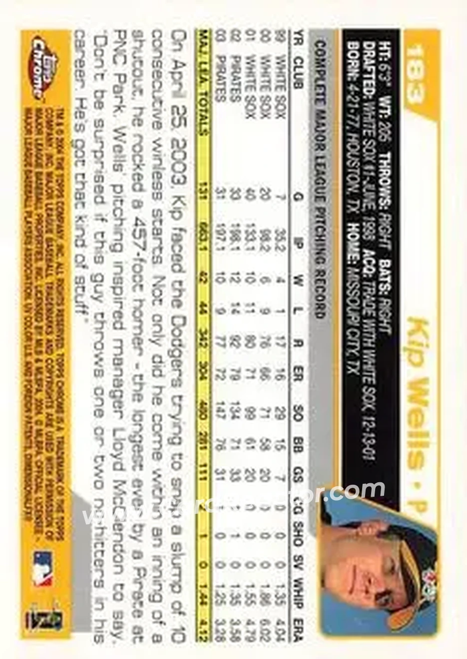 2004 Topps Chrome #183 - Kip Wells - Pittsburgh Pirates - Back