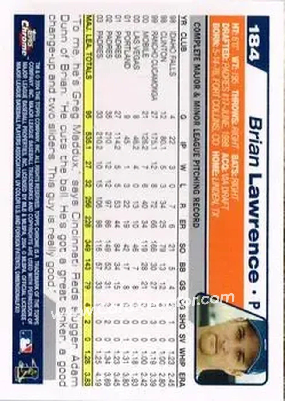2004 Topps Chrome #184 - Brian Lawrence - San Diego Padres - Back