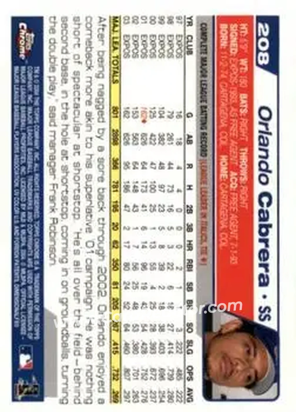 2004 Topps Chrome #208 - Orlando Cabrera - Montreal Expos - Back