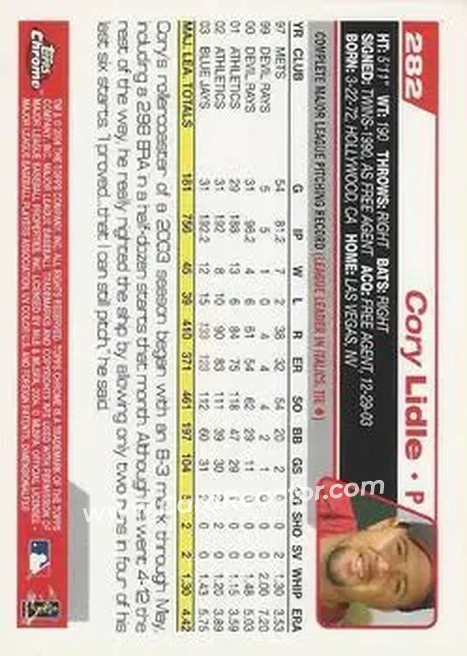 2004 Topps Chrome #282 - Cory Lidle - Cincinnati Reds - Back