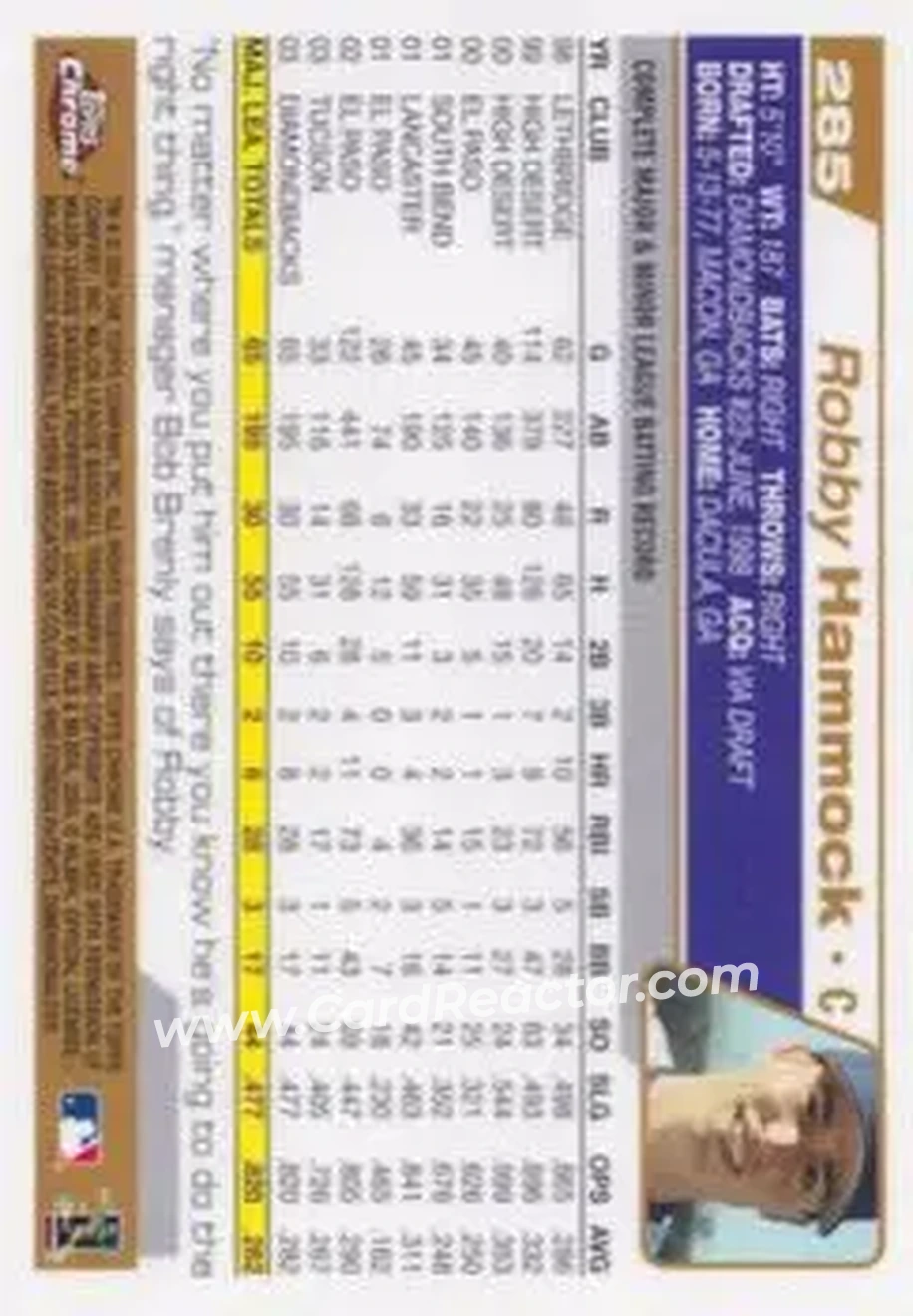 2004 Topps Chrome #285 - Robby Hammock - Arizona Diamondbacks - Back