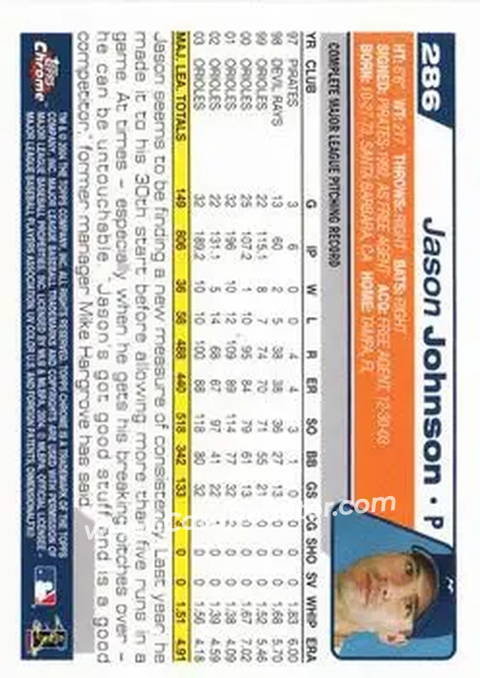 2004 Topps Chrome #286 - Jason Johnson - Detroit Tigers - Back 2004 Topps Chrome #286 - Jason Johnson - Detroit Tigers - Back