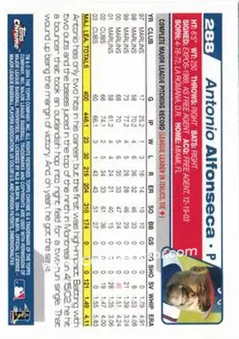 2004 Topps Chrome #288 - Antonio Alfonseca - Atlanta Braves - Back