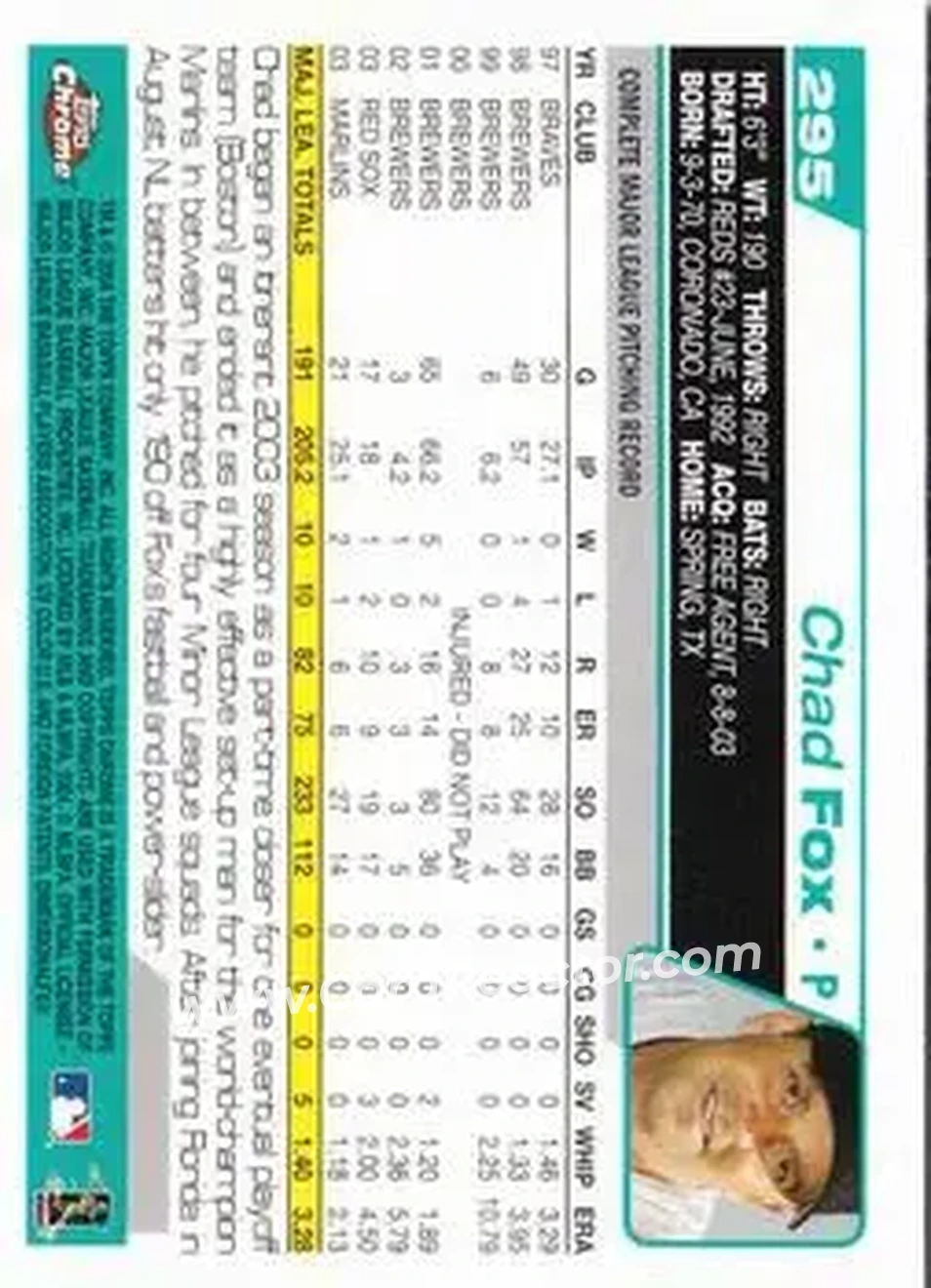 2004 Topps Chrome #295 - Chad Fox - Florida Marlins - Back