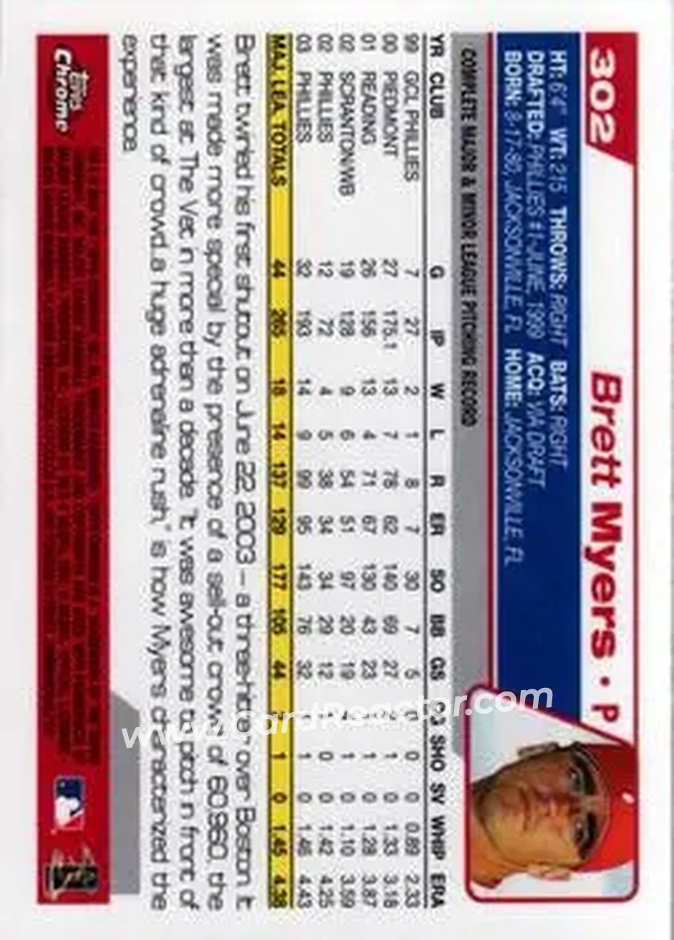 2004 Topps Chrome #302 - Brett Myers - Philadelphia Phillies - Back