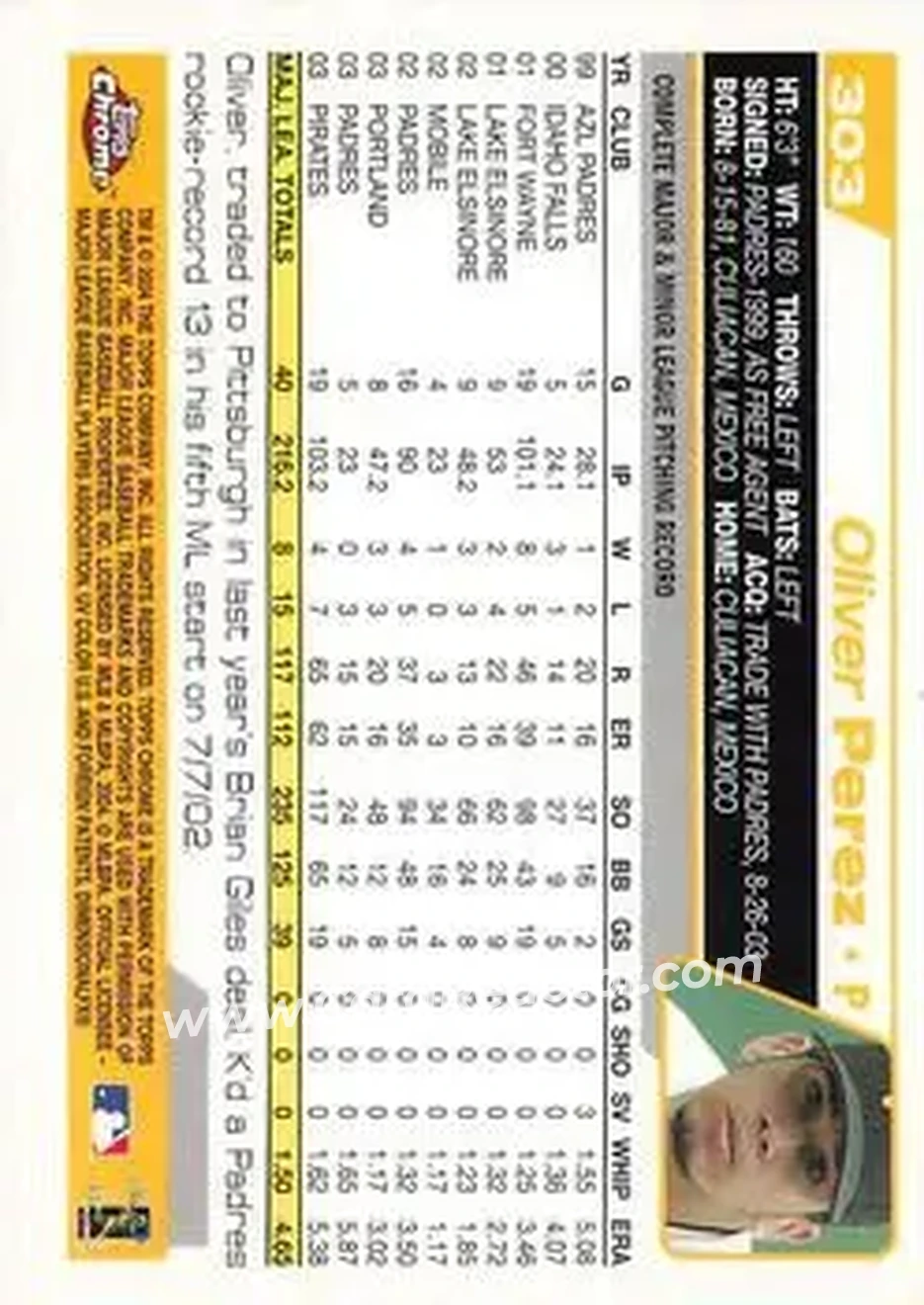 2004 Topps Chrome #303 - Oliver Perez - Pittsburgh Pirates - Back