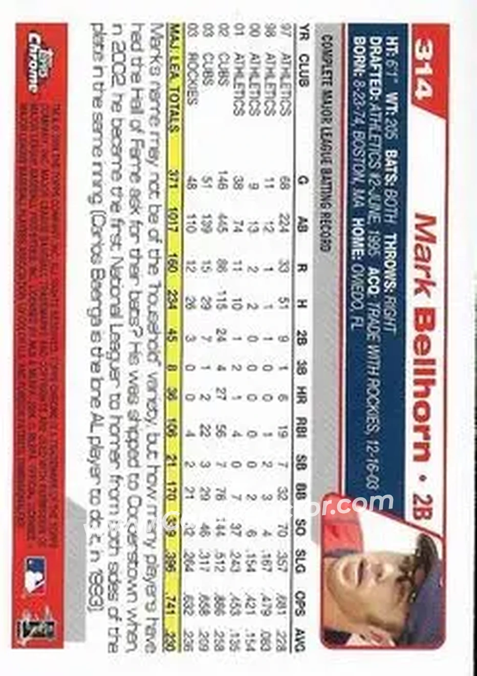 2004 Topps Chrome #314 - Mark Bellhorn - Boston Red Sox - Back