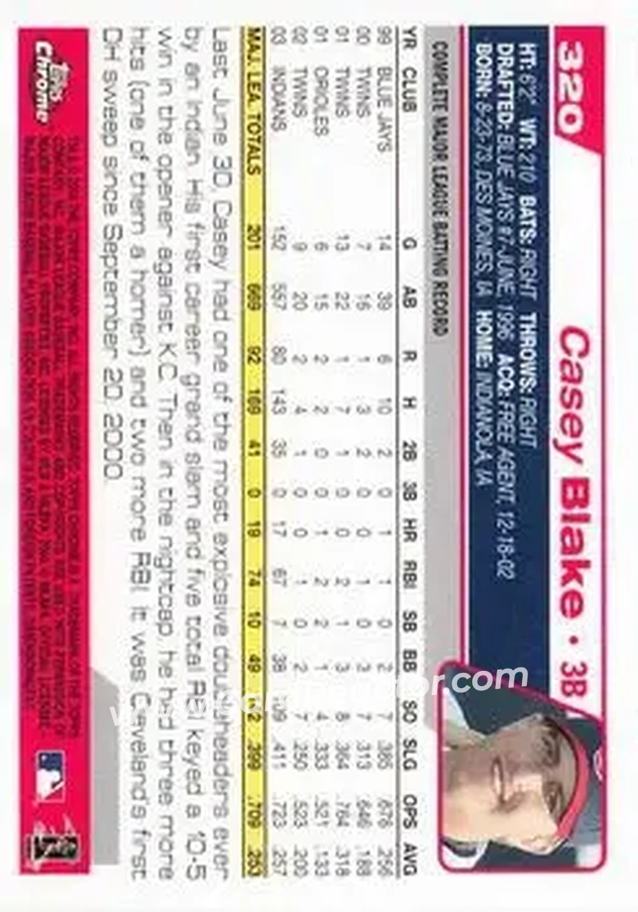 2004 Topps Chrome #320 - Casey Blake - Cleveland Indians - Back