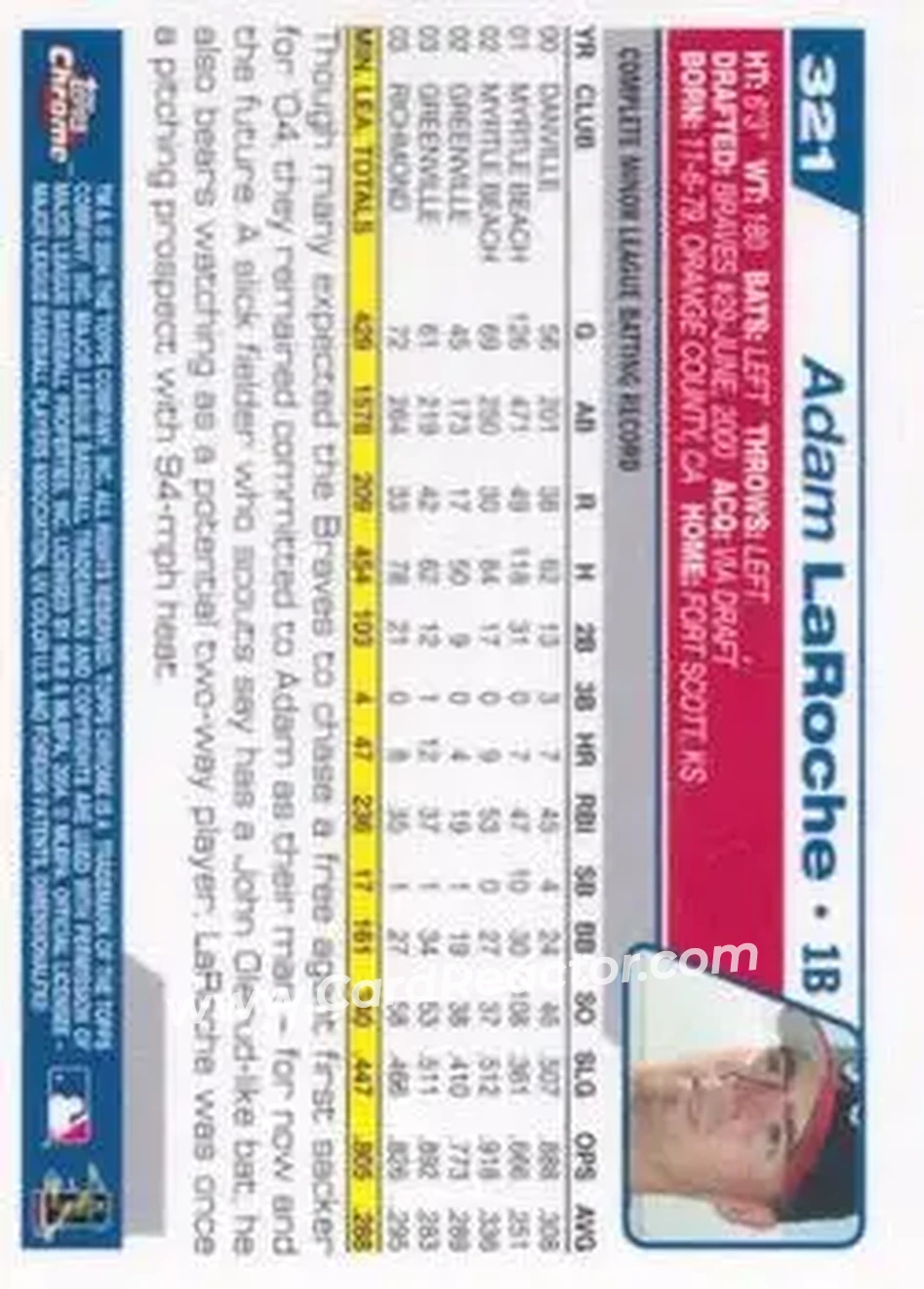 2004 Topps Chrome #321 - Adam LaRoche - Atlanta Braves - Back