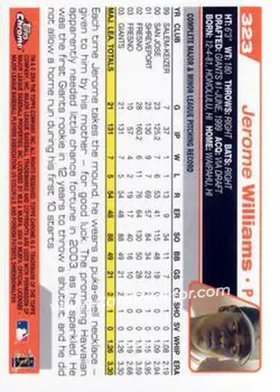 2004 Topps Chrome #323 - Jerome Williams - San Francisco Giants - Back