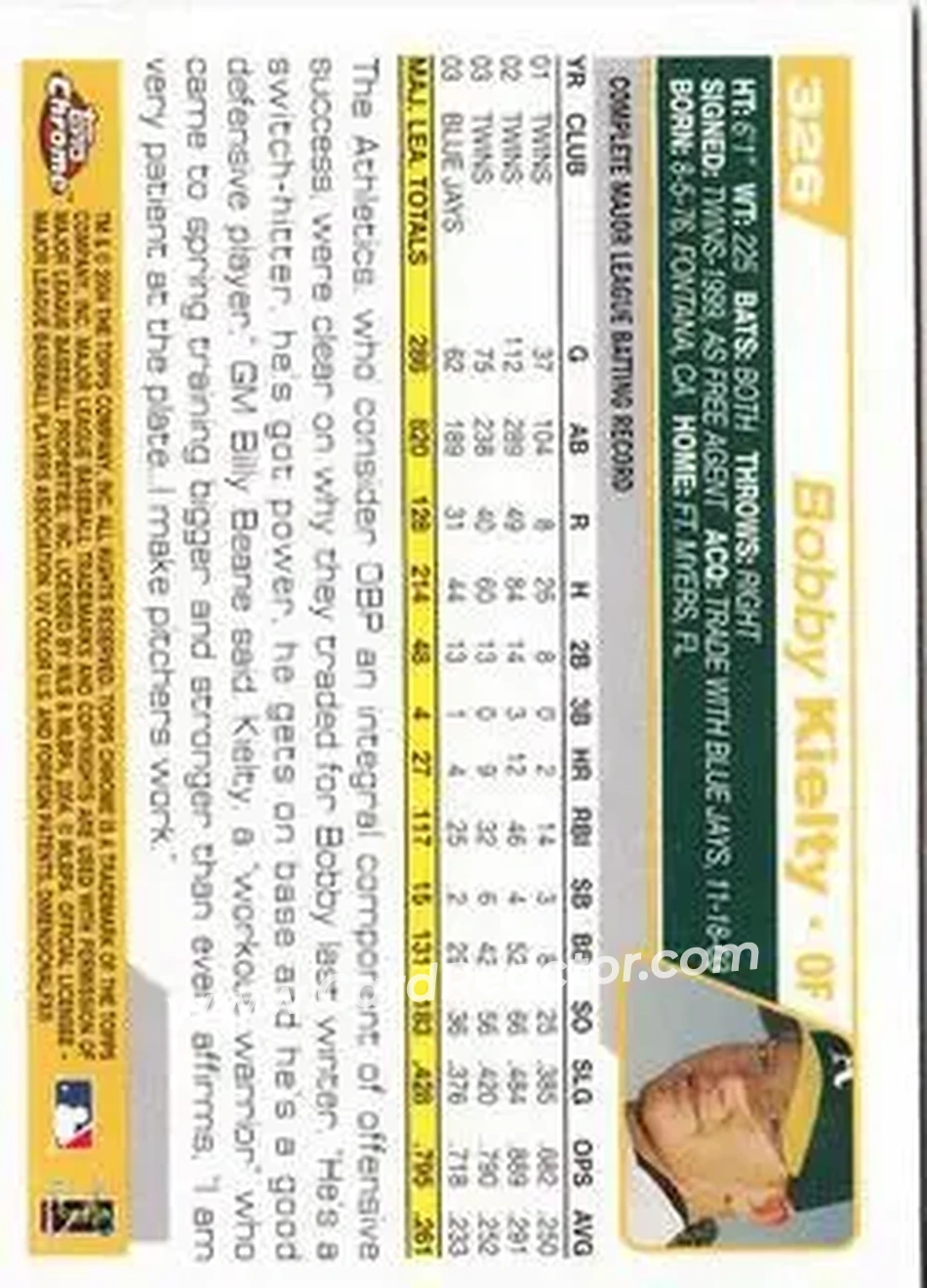 2004 Topps Chrome #326 - Bobby Kielty - Oakland Athletics - Back