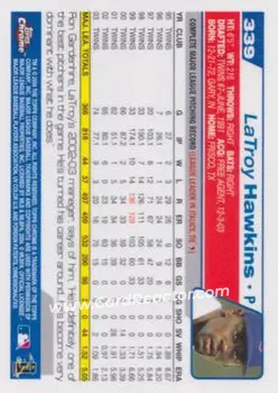 2004 Topps Chrome #339 - LaTroy Hawkins - Chicago Cubs - Back 2004 Topps Chrome #339 - LaTroy Hawkins - Chicago Cubs - Back