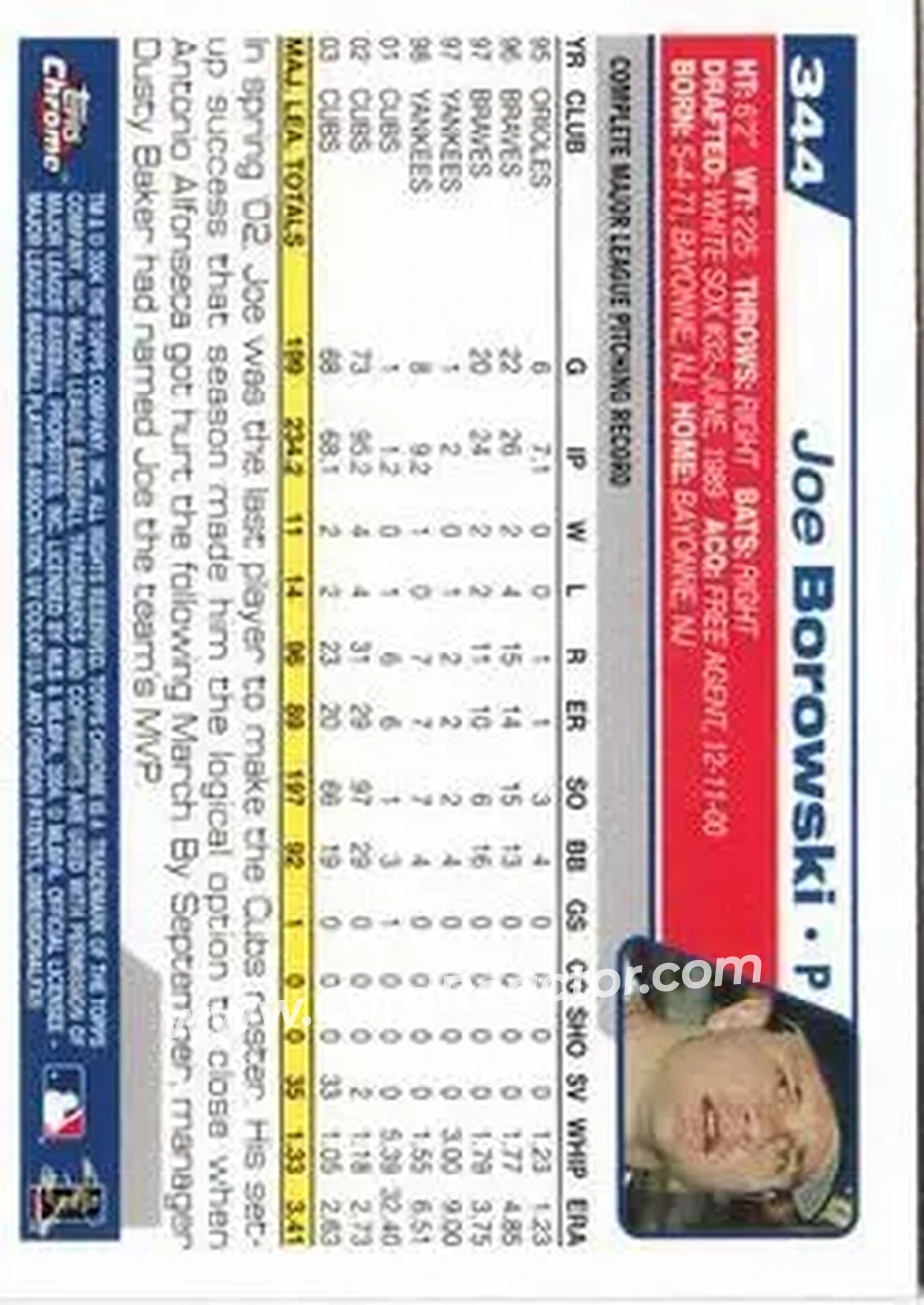 2004 Topps Chrome #344 - Joe Borowski - Chicago Cubs - Back