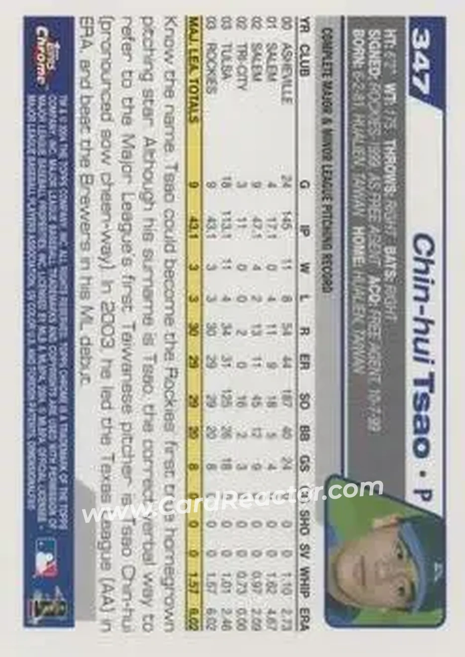 2004 Topps Chrome #347 - Chin-Hui Tsao - Colorado Rockies - Back